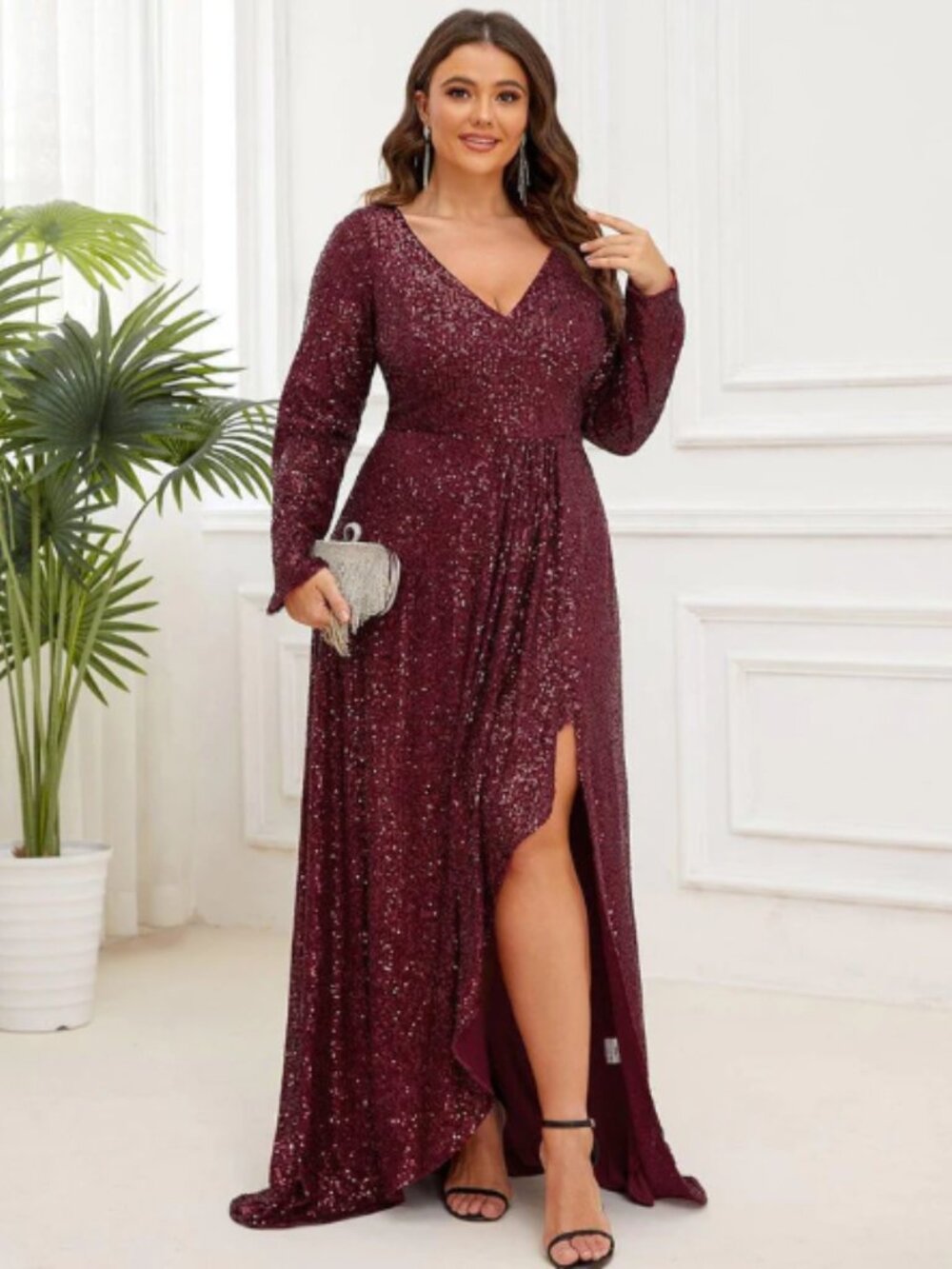 NWT Ever Pretty Syren Sequin V-Neck Gown with High Slit - Plus - Picture 4 of 13